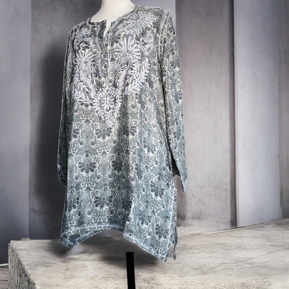 DOLMA (XL) SILK HAND EMBROIDERED Mint/Black Floral Tunic - Picture 5 of 10